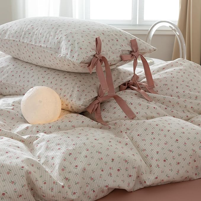 Botanical Floral Comforter Set Full Size Fluffy Cozy Comforter with Pink Flower Stripes Pattern Garden Floral Coquette Bedding Comforter Set for All Seasons Girls Women Flowers Comforter for Full Bed