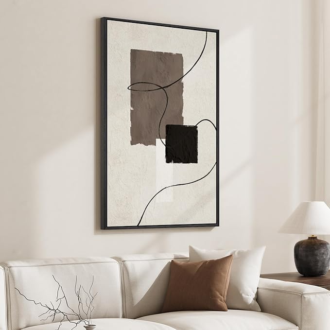 Framed Black and White Neutral Abstract Wall Art, Modern Canvas Prints Paintings Artwork for Walls, Minimalist Beige Brown Block Pictures for Living Room Bedroom Dining Entryway Wall Decor 24x36 In
