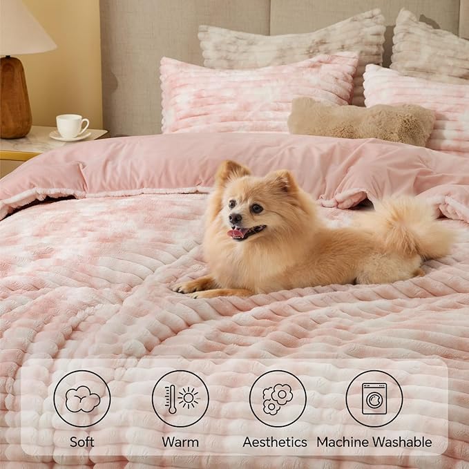 BEDELITE Fleece King Comforter Set -Super Soft & Warm Fluffy Pink&White Bedding, Luxury Fuzzy Heavy Bed Set for Winter with 2 Pillow Cases