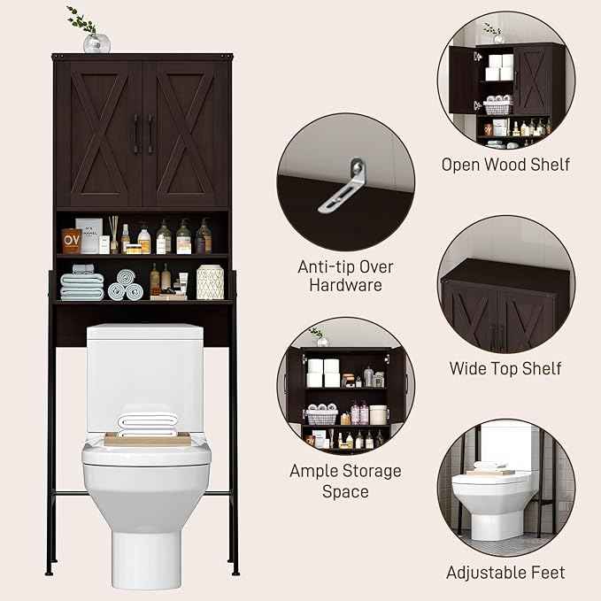 Vabches Over The Toilet Storage Cabinet, Farmhouse Over Toilet Storage Cabinet, Metal Frame with Barn Doors, Home Space-Saving Toilet Rack for Bathroom, Toilet, Laundry Room