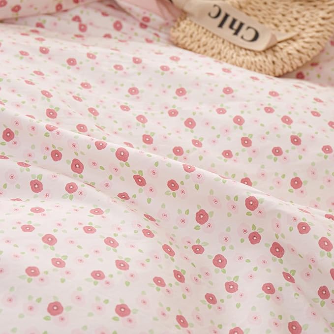 Pink Floral Comforter Set Full Romantic Ruffle Comforter with 2 Pillowcases Vintage Botanical Flowers Comforter Set for Girls Women Fluffy Soft Reversible Stripes Bedding Set with Lace for All Seasons