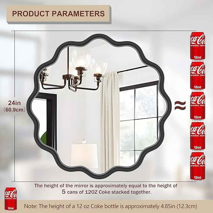 PROHOMEWARE Black Round Mirror 24 Inch Wavy Bathroom Vanity Mirror Black Frame Modern Wall Mirror Decorative Wall-Mounte Anti-Rust, Tempered Glass