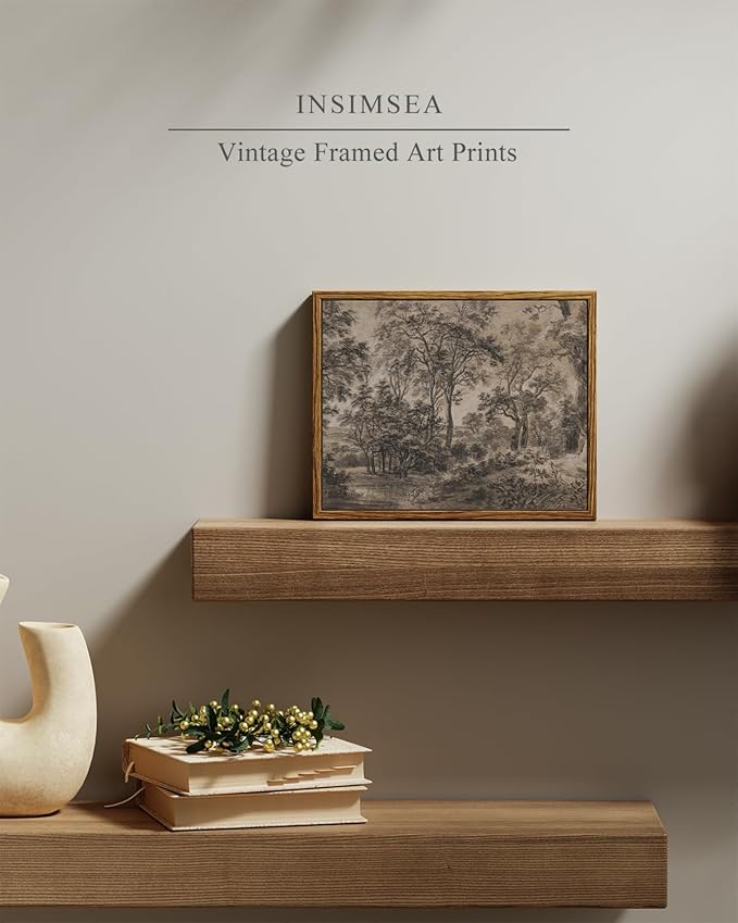 InSimSea Framed Canvas Wall Art, Vintage Wall Decor, Antique Watercolor Country Landscape Painting for Living Room, Bedroom Moody Black Sketch Retro Woodland Prints Pictures Decorations,8x10inch