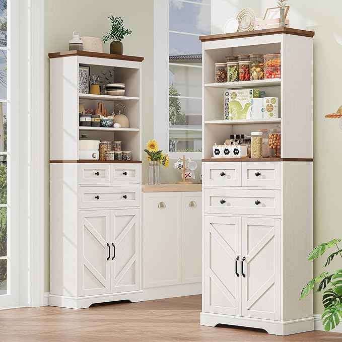 Vabches 70" Tall Bathroom Storage Cabinet, Farmhouse Bathroom Cabinet with 3 Drawers, Adjustable Shelves & Doors, 3 Tier Wood Cabinets for Bathroom, Living Room, Rustic White