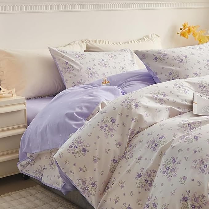 LifeTB Vintage Floral Comforter Set Queen Purple Flower Bedding Comforter for Queen Bed Boho Garden Floral Botanical Comforter with 2 Pillowcases Farmhouse Bedding Girls Floral Comfy Comforter Set