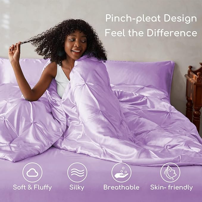 MR&HM Satin Comforter Queen 7 Pieces - Luxurious Pinch Pleat Bedding Set with Comforter, Flat Sheet, Fitted Sheet, Pillowcases & Shams, Super Silky Soft Bed Set for All Season (Queen, Lilac)