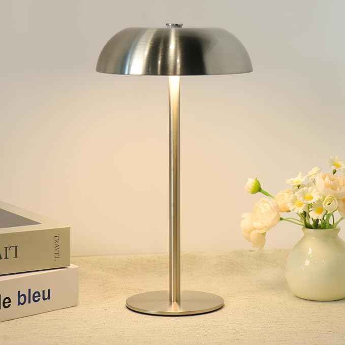 Portable Mushroom Table Lamp with 5200mAh Battery, 11'' Cordless LED Night Light with Stepless Dimming, 3 Color Modes & Adjustable Height for Bedroom/Patio/Bar Decor/Coffee Shop Ambiance (Silver-tall)