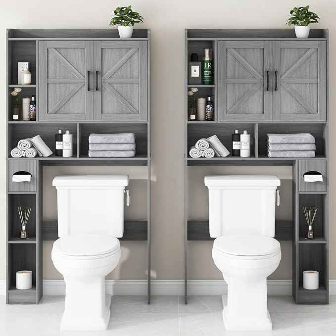 Vabches Over The Toilet Storage Cabinet, Farmhouse Style with 2 Barn Doors, Toilet Paper Holder, Space-Saving for Bathroom & Laundry, Gray