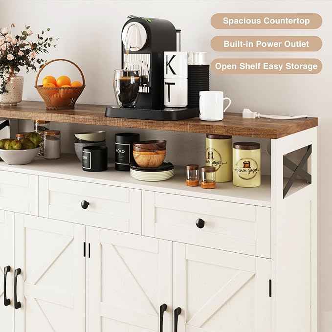 Farmhouse Buffet Cabinet with Drawers & Open Shelf, Sideboard Storage Cabinet, Kitchen Hutch Pantry, Wood Coffee Bar Station for Kitchen, Living Room, Hallway, 52" L White
