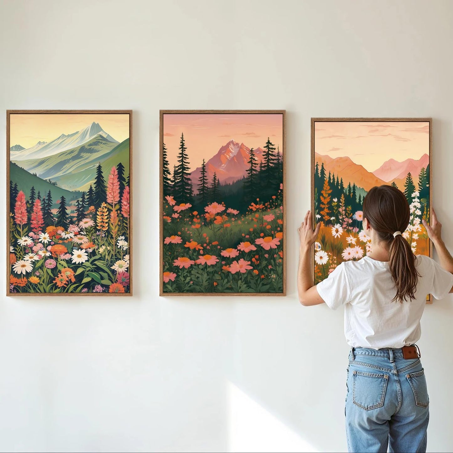 Tinonedraw Colorful Nature Flowers Framed Canvas Wall Art Set, Boho Blue Ridge Mountain Wall Decor,Floral Forest Scenery Artwork, Modern Wildflower Blossom Landscape Art Prints for Living Room Bedroom Office 16"x24"x3