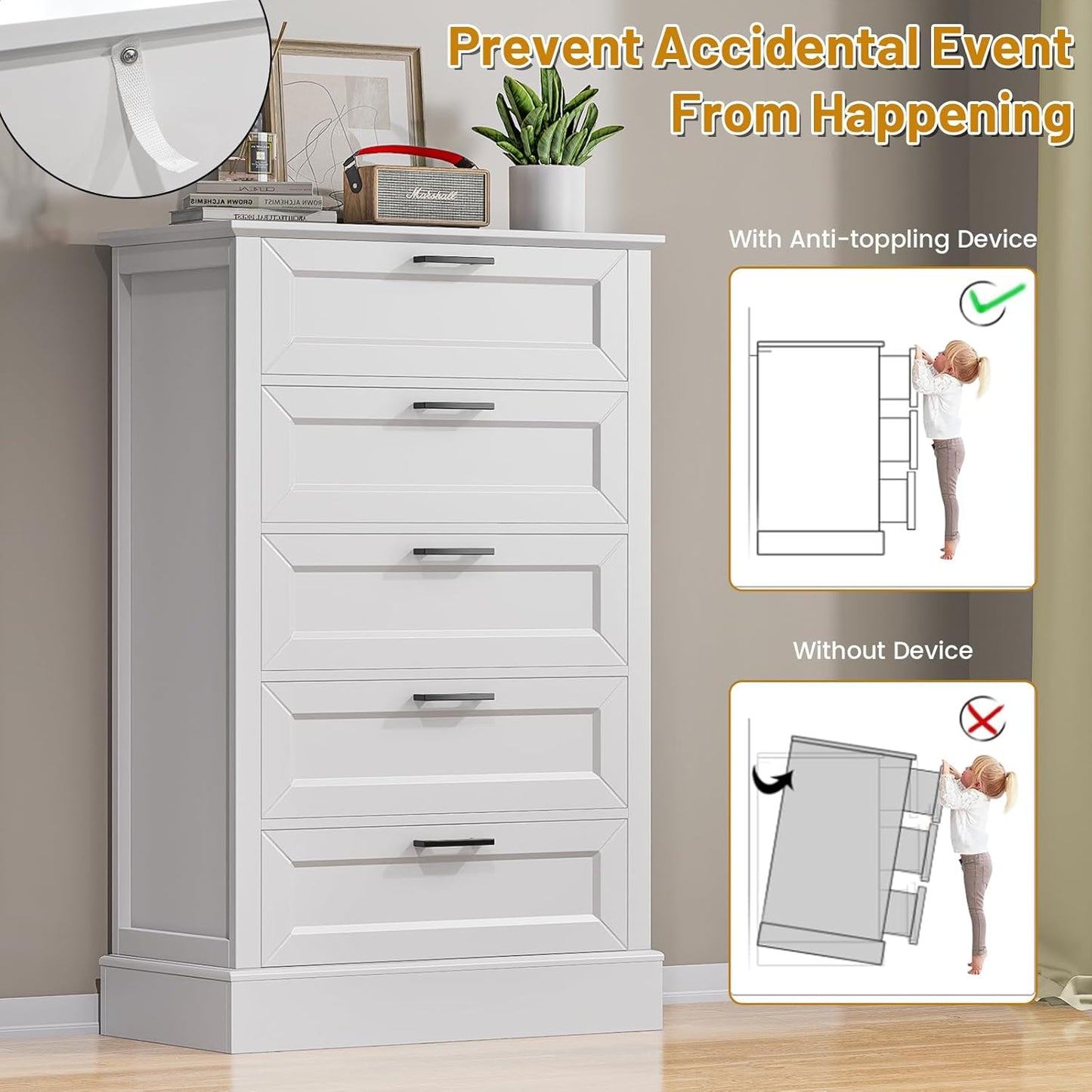 White Dresser for Bedroom, Wood Dresser with 5 Drawers, Chest of Drawer for Bedroom Living Room Entryway Hallway, Modern Farmhouse Style Black Handles 47" Tall