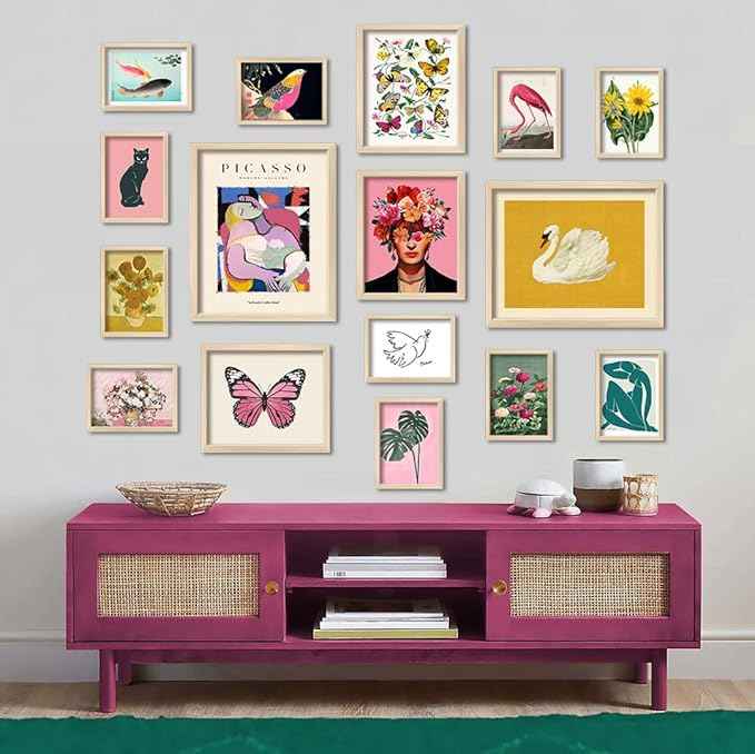 16 PCS Framed Eclectic Wall Art Decor, Modern Maximalist Home Gallery Wall Frame Set Prints for Bedroom Bathroom, Posters for Living Room Aesthetic, Colorful Dorm Artwork Collage Kit Pictures