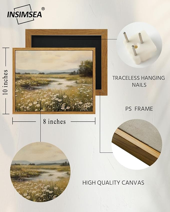 InSimSea Framed Canvas Wall Art, Vintage Floral Wildflower Field Prints Wall Decor for Living Room, Small Retro Landscape Painting Farmhouse Decorations for Bedroom Shelf Gift, 8x10inch