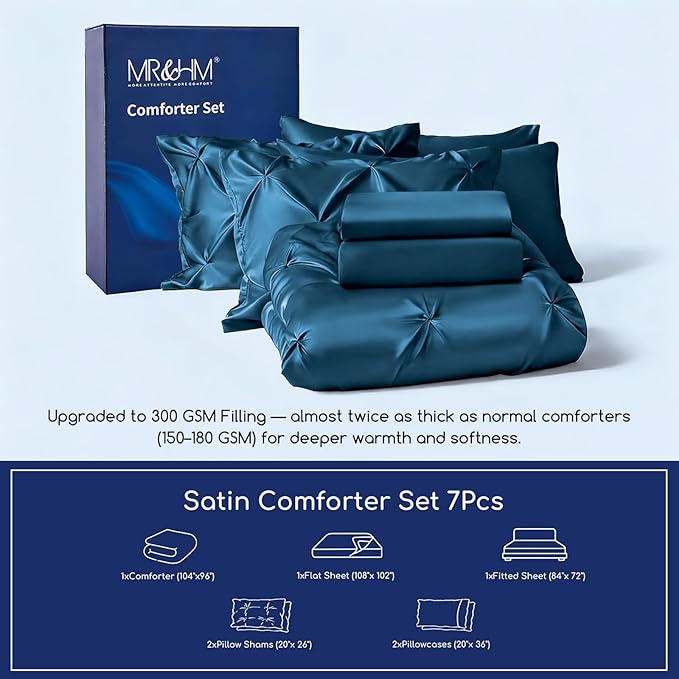 MR&HM Satin Comforter California King 7 Pieces Teal - Luxurious Pinch Pleat Bedding Set with Comforter, Flat Sheet, Fitted Sheet, Pillowcases & Shams, Super Silky Soft Bed Set for All Season