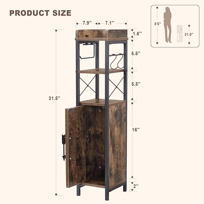 VECELO Small Bathroom Cabinet, Slim Toilet Paper Holder with Door&2 Shelves Metal Racks, Narrow Storage Organizers, Free Standing Farmhouse Style for Bathroom Restroom Tiny Space,Dark Brown