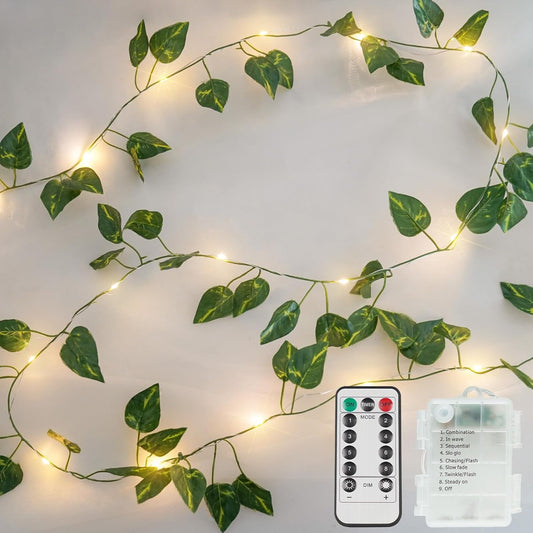 suddus Vine with Fairy Lights Battery Operated, 13.1ft 40 LED Pothos String Lights with Remote, Leaf Lights for Bedroom, Room, Wall, Garden, Party, Wedding Decor(Warm White)