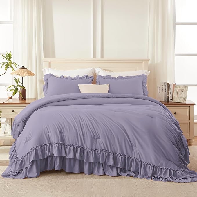 Andency Grayish Purple Comforter Set Queen Size, Lightweight Fluffy Farmhouse Ruffle Bedding Set, Soft Microfiber All Season Shabby Chic Bed Comforter Set 3 Pieces(1 Comforter 2 Pillowcases)