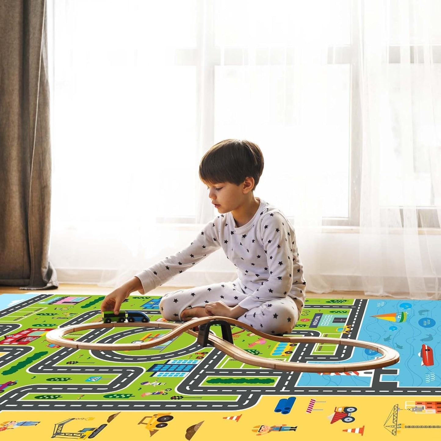 Kids Rug Playroom Car Rug Play Mat City Life Road Rugs Fun City Map for Kids Toy Cars,Carpet for Bedroom Boys (Green-Rug, 4x6ft)