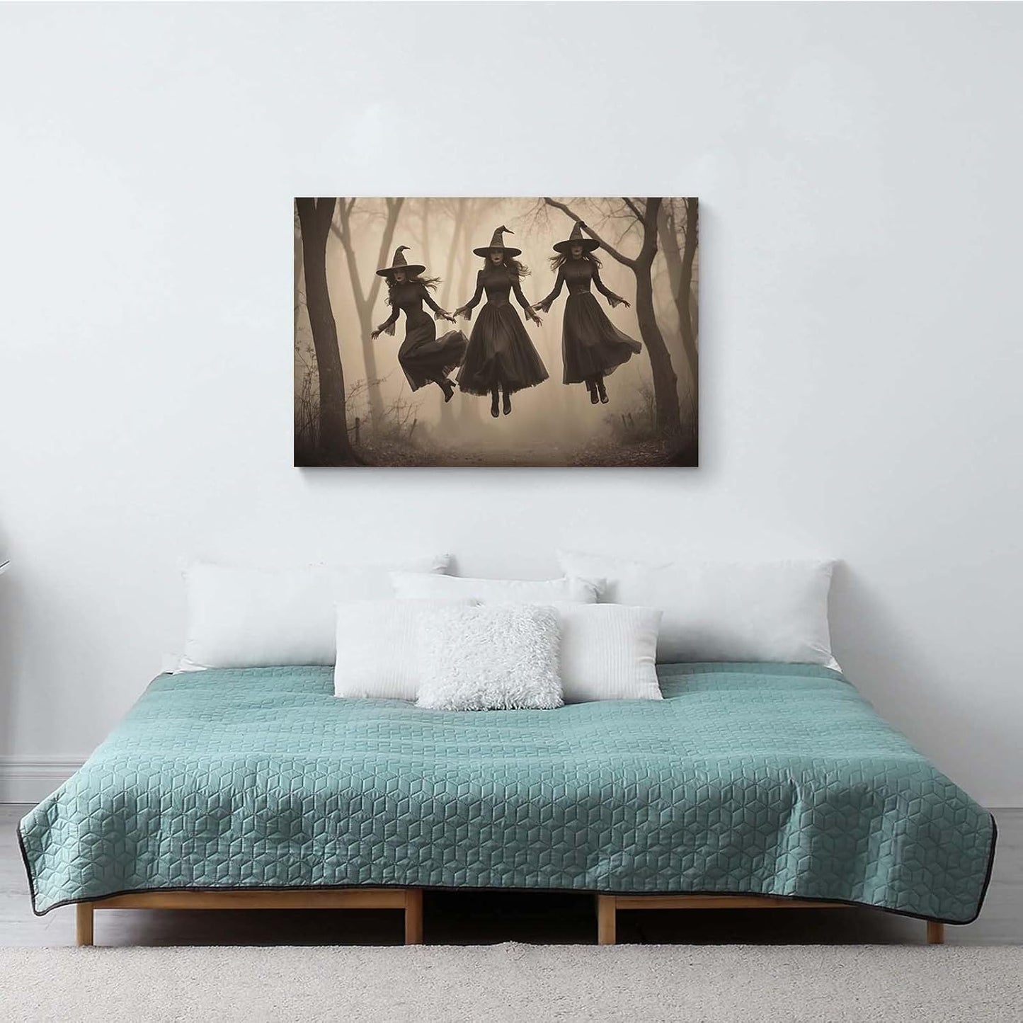 Three ghost witches flying in vintage forest gothic wall art witchcraft decoration holiday gift canvas wall art print20x30in Wood Framed