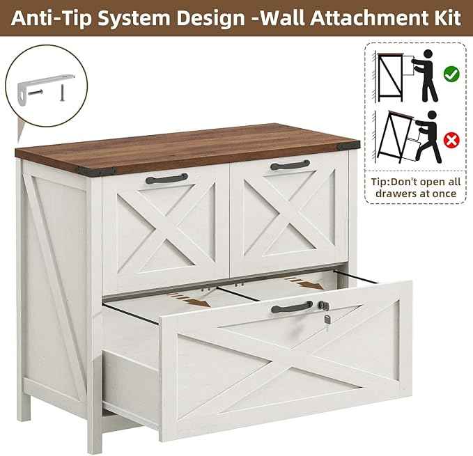 Vabches Lateral File Cabinet with 3 Drawers, Farmhouse File Cabinet with Lock for Letter/A4/Legal Size Hanging Files, Wood File Storage Cabinets Printer Stand for Home Office Cabinets, Rustic White