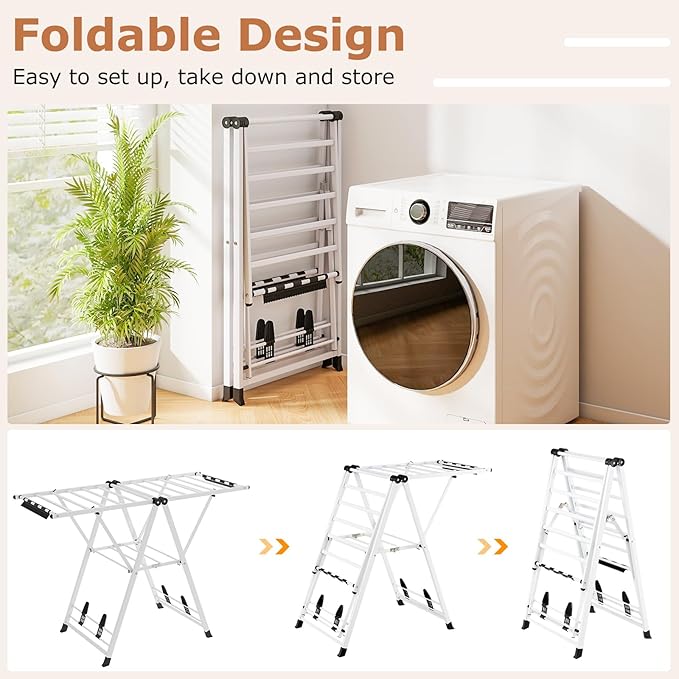 Giantex Clothes Drying Rack, Foldable Metal Laundry Drying Rack with Height Adjustable Wings, 16 Drying Rails, Sock Clips & Shoe Racks, Freestanding Clothing Stand for Indoor & Outdoor, White