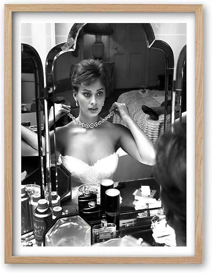 iHery Natural Wood Framed Woman Makeup Vintage Black White Fashion Wall Art,12x16in OAK Frame Photography Retro Poster for Bedroom Living Room Set of 1