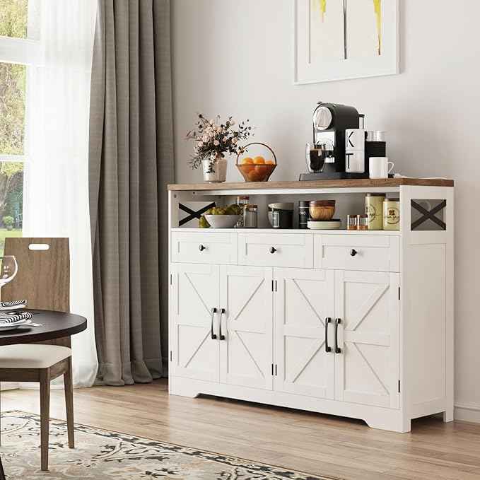 Farmhouse Buffet Cabinet with Drawers & Open Shelf, Sideboard Storage Cabinet, Kitchen Hutch Pantry, Wood Coffee Bar Station for Kitchen, Living Room, Hallway, 52" L White