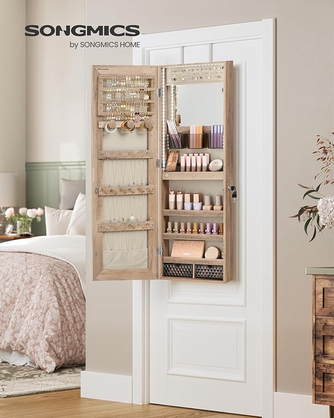 SONGMICS Jewelry Cabinet Armoire Organizer with LED Lights, Wall-Mounted Storage Cabinet with Full-Length Frameless Mirror, Built-in Makeup Mirror, 2 Drawers, Lockable, Camel Brown UJJC013N01