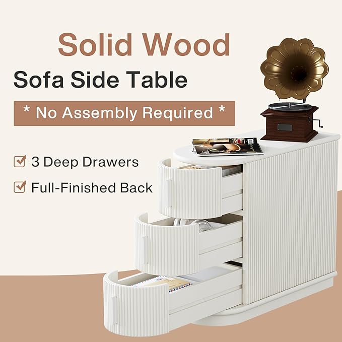 Tribesigns Set of 2 3-Drawer Wooden End Table, Modern Sofa Side Table, Narrow Chair Side Table Slim Nightstand for Living Room, Bedroom, Finished Back, No Assembly Required, Walnut (2, White)