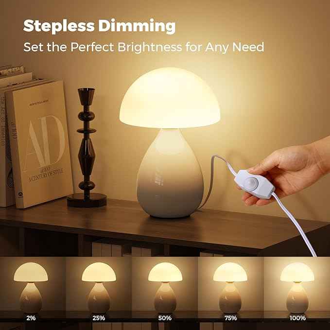 Mushroom Lamp, Vintage Small Table Lamp for Bedroom, Ice Crack Ceramic LED Night Light for Kids, Mid Century Modern Bedside Lamp for Nightstand, Living Room, Home Decor Gift Ideas for Women, Ivory