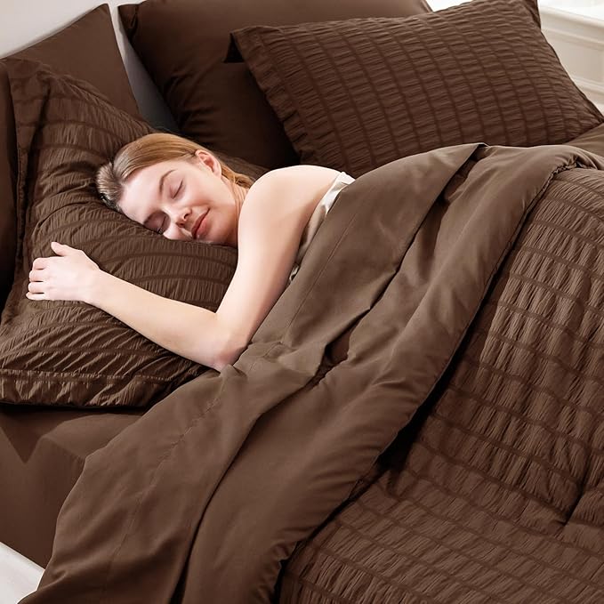 CozyLux Oversized King Comforter Set Brown Seersucker 7 Pieces 120x98 Bed in a Bag Comforter Set with Sheets, Luxury Soft Bedding Sets with Down Alternative Comforter, Sheets, Pillowcases & Shams