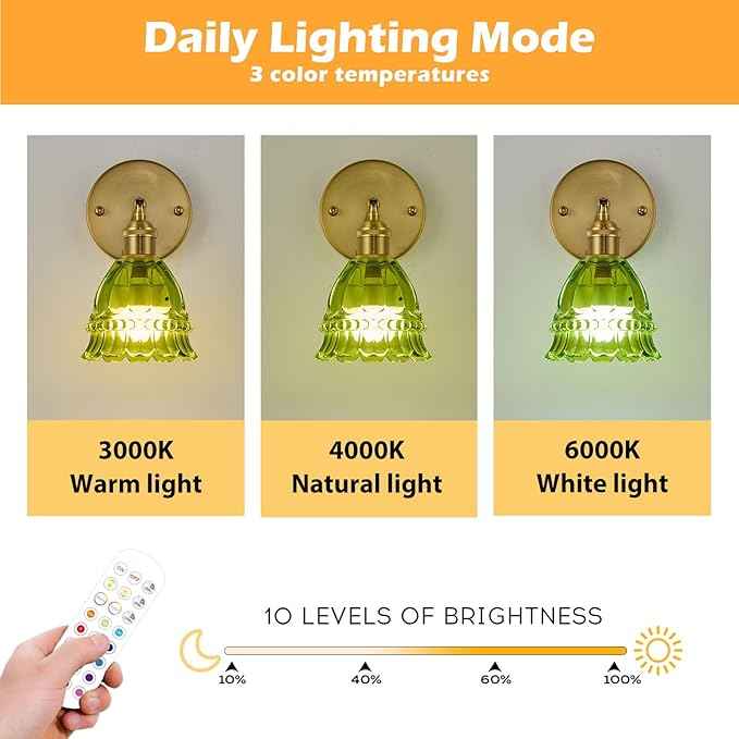 PASSICA DECOR Vintage Battery Operated Wall Sconces Set of 2 - Wireless Remote Control LED Wall Lights, Rechargeable USB-C, Dimmable 15 Colors, No Wiring, Lily Green Glass Shade Bedroom Kitchen