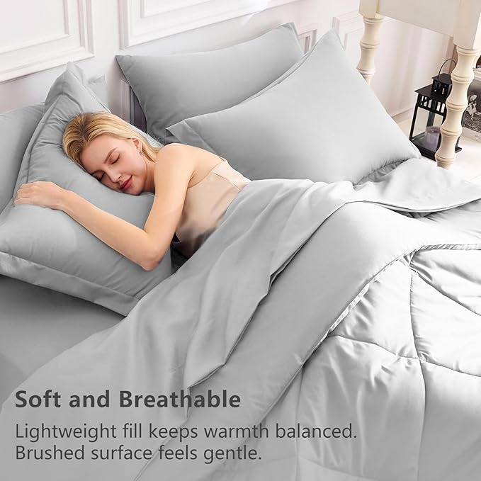 CozyLux Oversized Queen Comforter Set Light Grey, 7 Pieces Bed in a Bag Comforter Set with Sheets Luxury Bed Set All Seasons, Bedding Set with Down Alternative Comforter, Sheets, Pillowcases & Shams