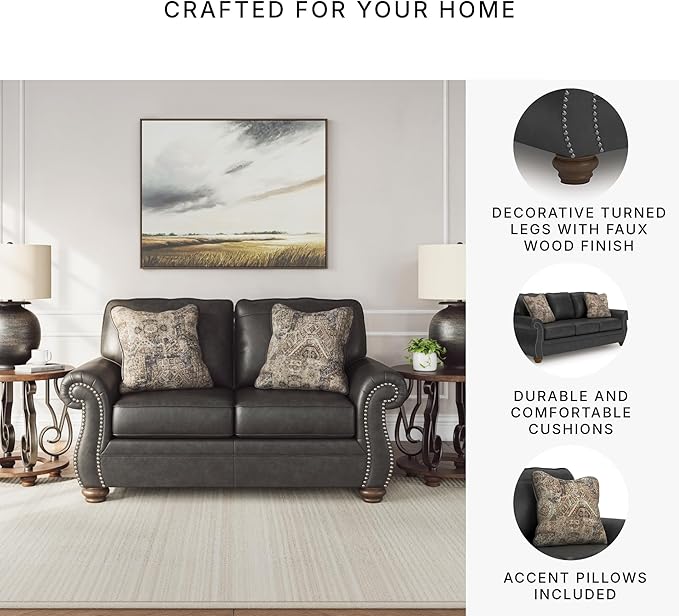 Signature Design by Ashley Shadsburne Rustic Faux Leather Sofa with Nailhead Trim and 2 Chenille Throw Pillows, Pillows With Soft Polyfill, Reinforced Frame For Added Stability, Black