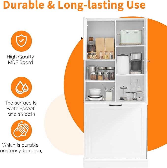 68" Tall Bathroom Storage Cabinet with Two Doors and Tilt-Out Laundry Hamper for Home Display Organizer, Adjustable Shelf, White