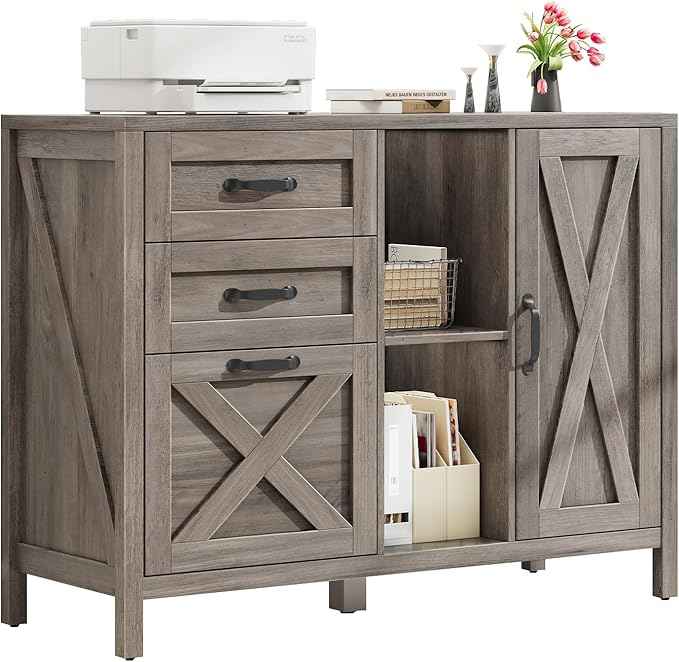 Vabches Lateral File Cabinet, Farmhouse 3 Drawer File Cabinet with Open Storage Shelf for Letter/Legal/A4 Size Hanging Files, Large Wood Storage Cabinets Printer Stand for Home Office, Grey