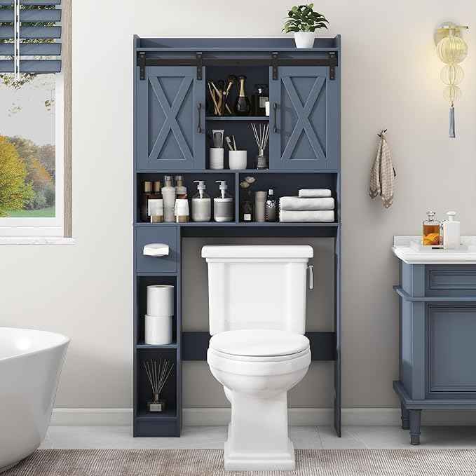 Vabches Over The Toilet Storage Cabinet, Farmhouse Storage Cabinet Over Toilet with Sliding Doors，Home Space-Saving Toilet Rack, for Bathroom, Restroom, Laundry