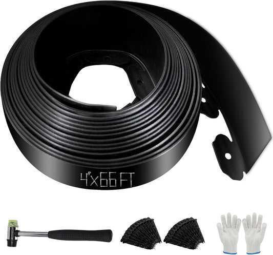 No Dig Landscape Edging 4" x 66FT Kit, Plastic Edging for Landscaping with 200 Spikes, for Garden, Lawn, Flower Beds and Yard