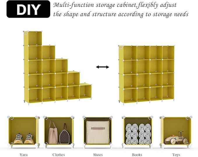 AWTATOS Cube Storage Organizer, Storage Cubes Shelves, 16 Cube Closet Organizers and Storage, DIY Stackable Bookshelf Plastic Clothes Organizer Shelving for Bedroom, Home, Yellow
