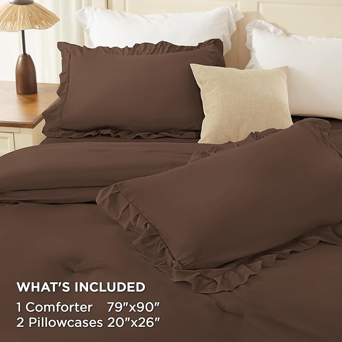 Andency Brown Full Size Comforter Set (79x90Inch), 3 Pieces Fluffy Farmhouse Shabby Chic Ruffle Bedding Comforter Sets, All Season Soft Lightweight Bed Set