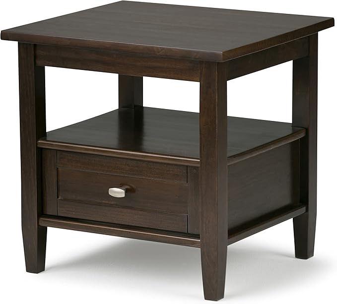 SIMPLIHOME Warm Shaker End Table - 20 inch Wide Solid Wood Side Table in Tobacco Brown, Transitional Accent Table for Living Room or Bedroom with Drawer, Open Shelf and Square Tapered Legs