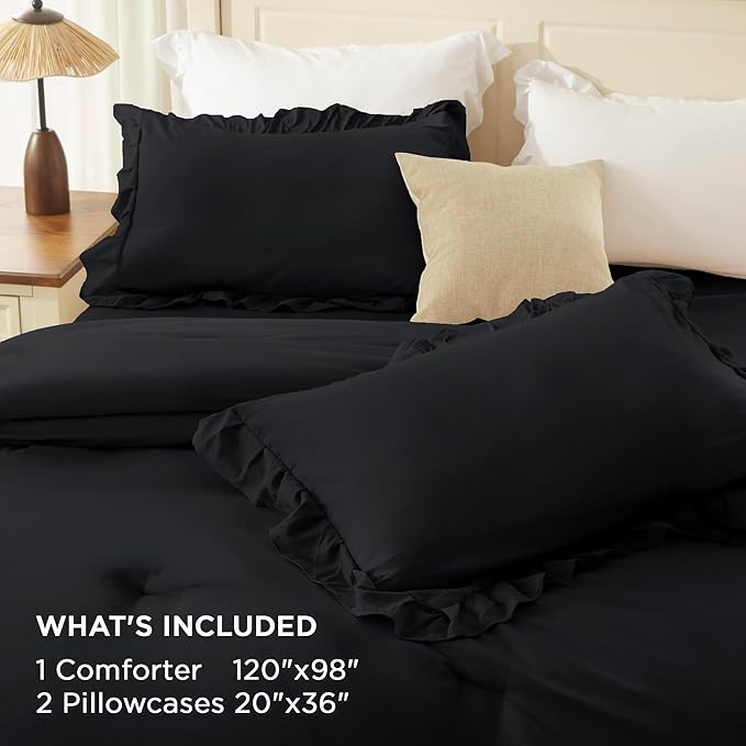 Andency Oversized King Ruffle Comforter Set, 3 Pieces Shabby Chic Farmhouse Bedding Set, Lightweight Soft Comforter Set 120x98 for Girls Women (1 Comforter 2 Pillowcases), Black