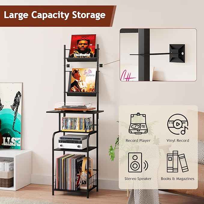 Record Player Stand with Vinyl Storage - 6-Tier Turntable Table with Adjustable Feet, Metal & Wood Cabinet - Console Organizer Display Shelf for Living Room, Apartment