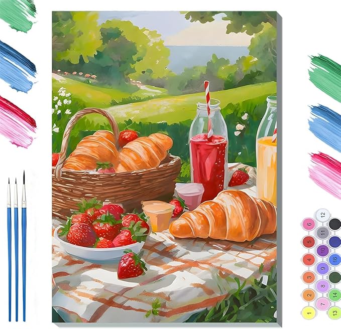 Paint by Numbers Kit for Adults Framed, Summer Picnic with Croissants and Strawberries, DIY Oil Painting, Pre-Printed Canvas Wall Art Home Decor Gift, 20x24inch Framed, 24 Colors