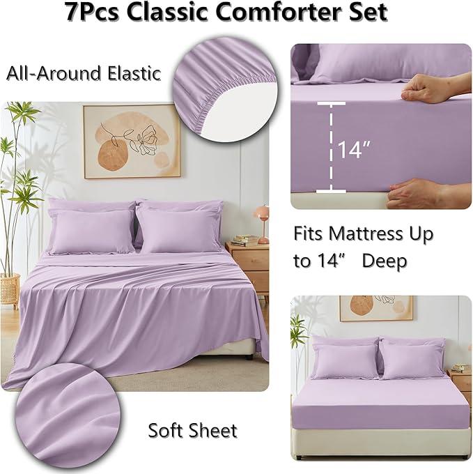 CozyLux Queen Comforter Set Light Purple - Bed in a Bag Queen Size 7 Pieces, Luxury Soft Lavender Bed Set for All Seasons, Bedding Set with Down Alternative Comforter, Sheets, Pillowcases & Shams