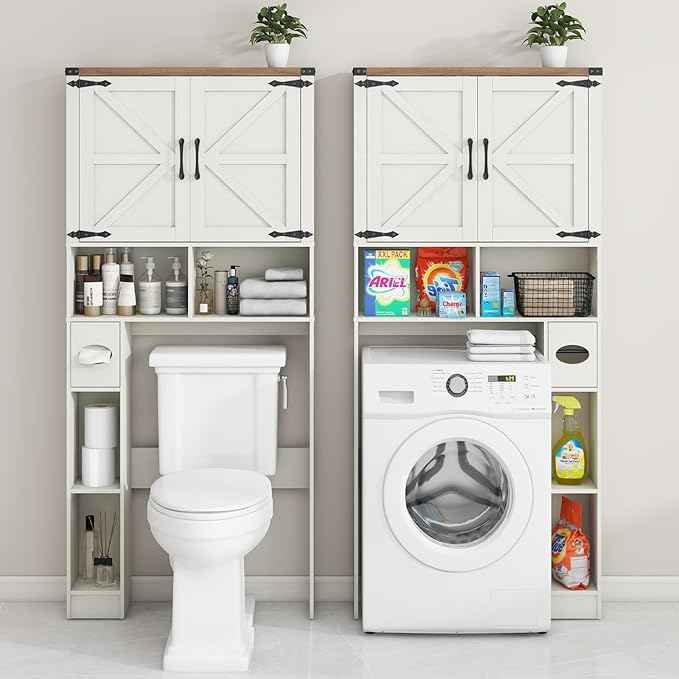 Vabches Over The Toilet Storage Cabinet, Farmhouse Storage Cabinet Over Toilet with 2 Barn Doors && Toilet Paper Holder Stand，Home Space-Saving Toilet Rack, for Laundry, Restroom, Bathroom