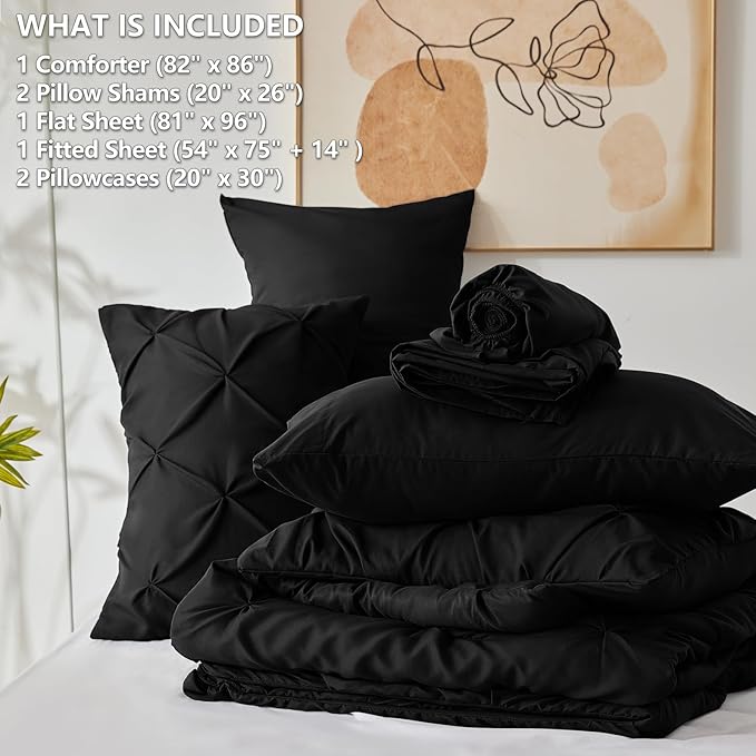 CozyLux Full Size Comforter Sets Black, 7 Pieces Pintuck Bed in A Bag Black Comforter Full Size, Pinch Pleat Bedding Sets with All Season Comforter, Sheets, Pillowcases & Shams