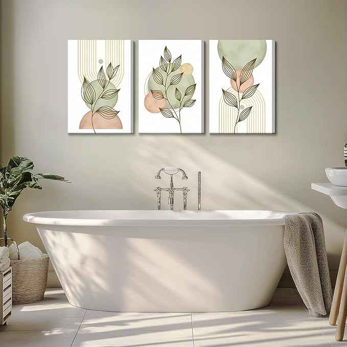 3Pcs Framed Sage Green Boho Canvas Wall Art Modern PinkBotanical Posters Print Abstract With Leafr Pictures Wall Decoration For Living Room Bedroom Bathroom