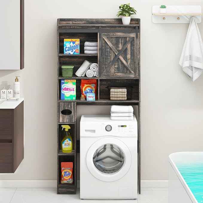 Over The Toilet Storage Cabinet, Farmhouse Storage Cabinet Over Toilet with Sliding Doors & Toilet Paper Holder Stand，Home Space-Saving Toilet Rack, for Bathroom, Laundry(Dark Grey)