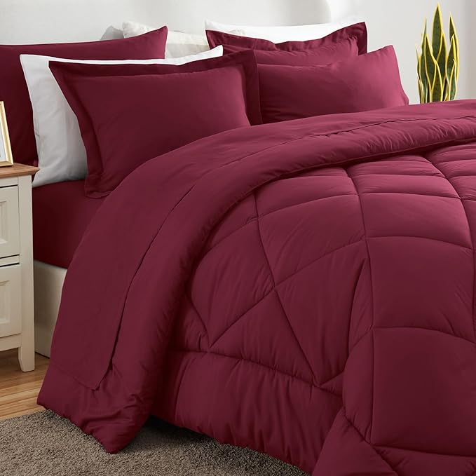 CozyLux Queen Comforter Set Burgundy - Bed in a Bag Queen Size 7 Pieces, Luxury Soft Bed Set for All Seasons, Bedding Set with Down Alternative Comforter, Sheets, Pillowcases & Shams, Red